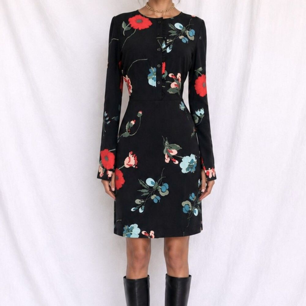 Vintage Y2K Black Long Puffy Sleeve Floral Print Knee Length A-Line Dress Size M